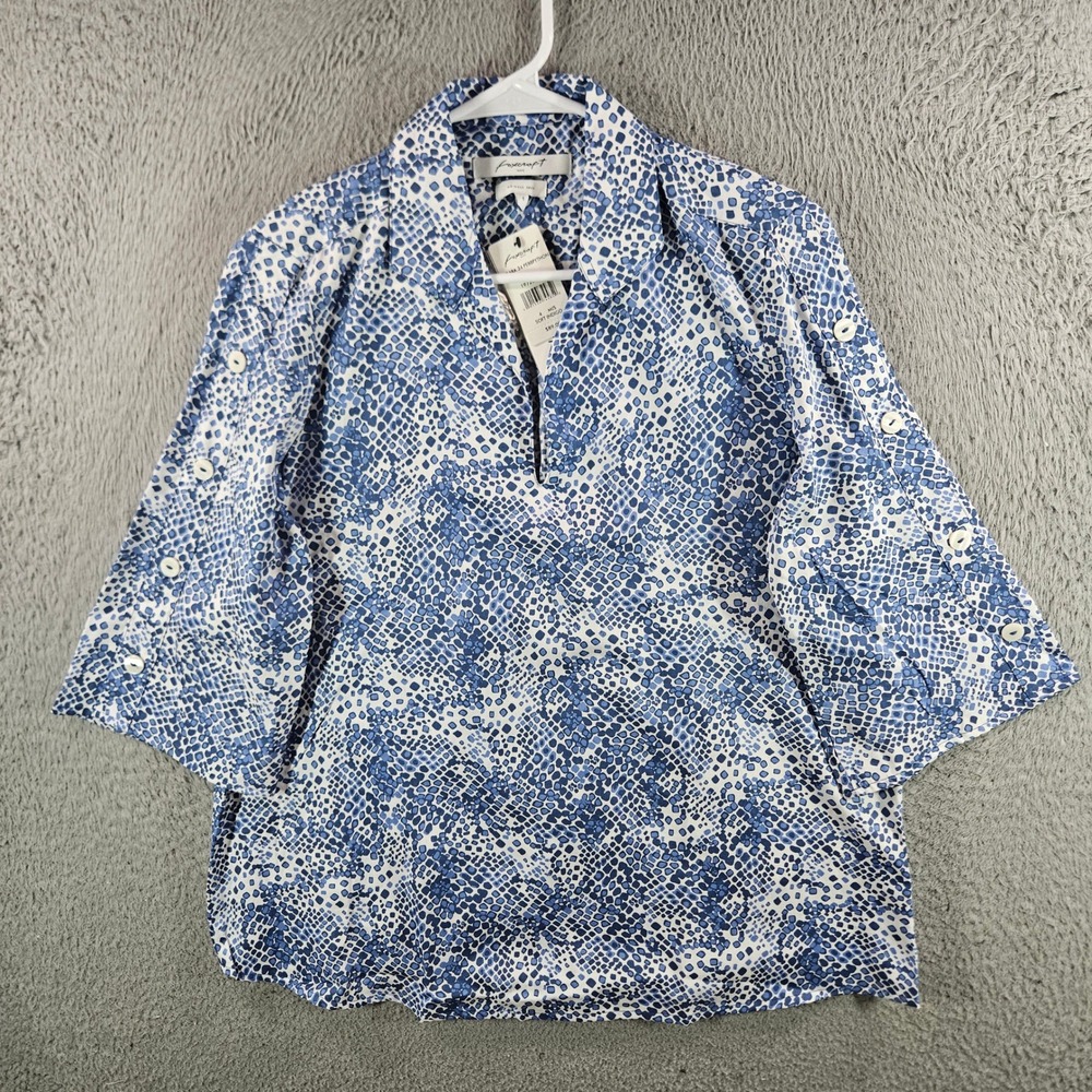 Foxcroft Klara 3/4 Sleeve Top 4 Soft Indigo Pebbython Blue Snakeskin Cotton NEW